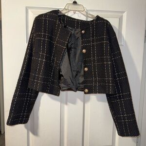 New SHEIN Black and Gold Plaid Preppy Cropped Blazer w/ Gold Buttons XL 🖤